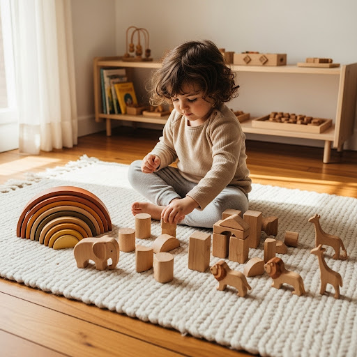Montessori ahşap hayvan figürleri, bloklar ve gökkuşağı setiyle oynayan küçük çocuk, eğitici oyuncak ve erken çocukluk gelişimi.